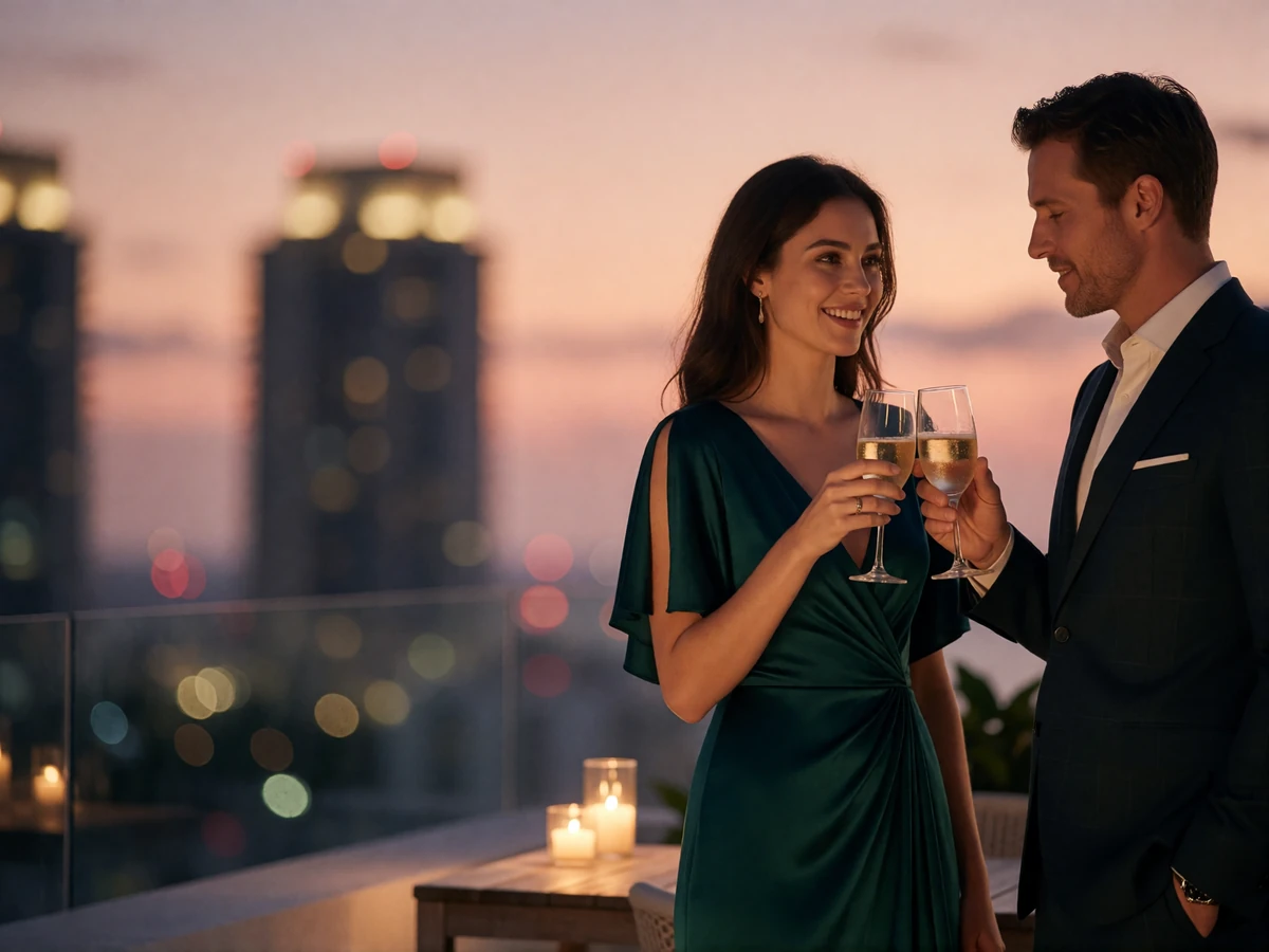 Well-dressed couple sharing a quiet toast on a Miami rooftop terrace at dusk with the city skyline beyond