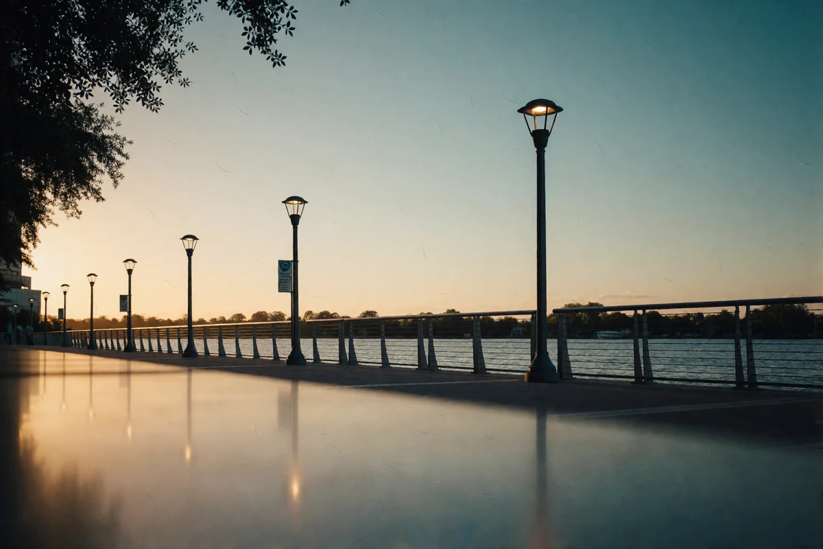 Quiet stretch of the Tampa riverwalk at dusk with lamplight reflected on smooth paving
