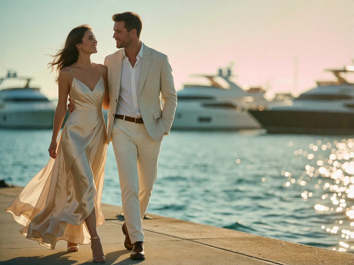 Well-dressed couple walking along a San Diego harbor promenade at golden hour