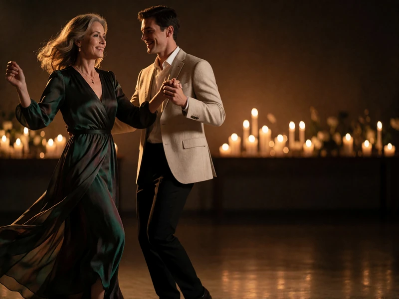 Elegant woman in a dark silk gown dancing with a younger man in a dinner jacket at a private evening event