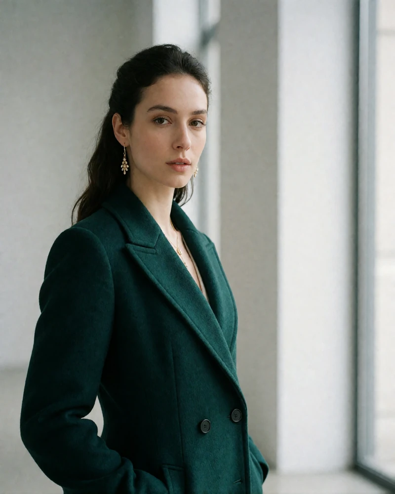 Confident woman with dark hair in a tailored emerald wool coat inside a modern gallery-lit interior in Denver