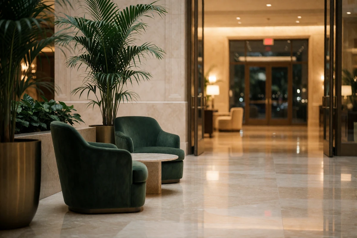 Atrium seating area of a high-end Orlando resort with palms and marble low tables