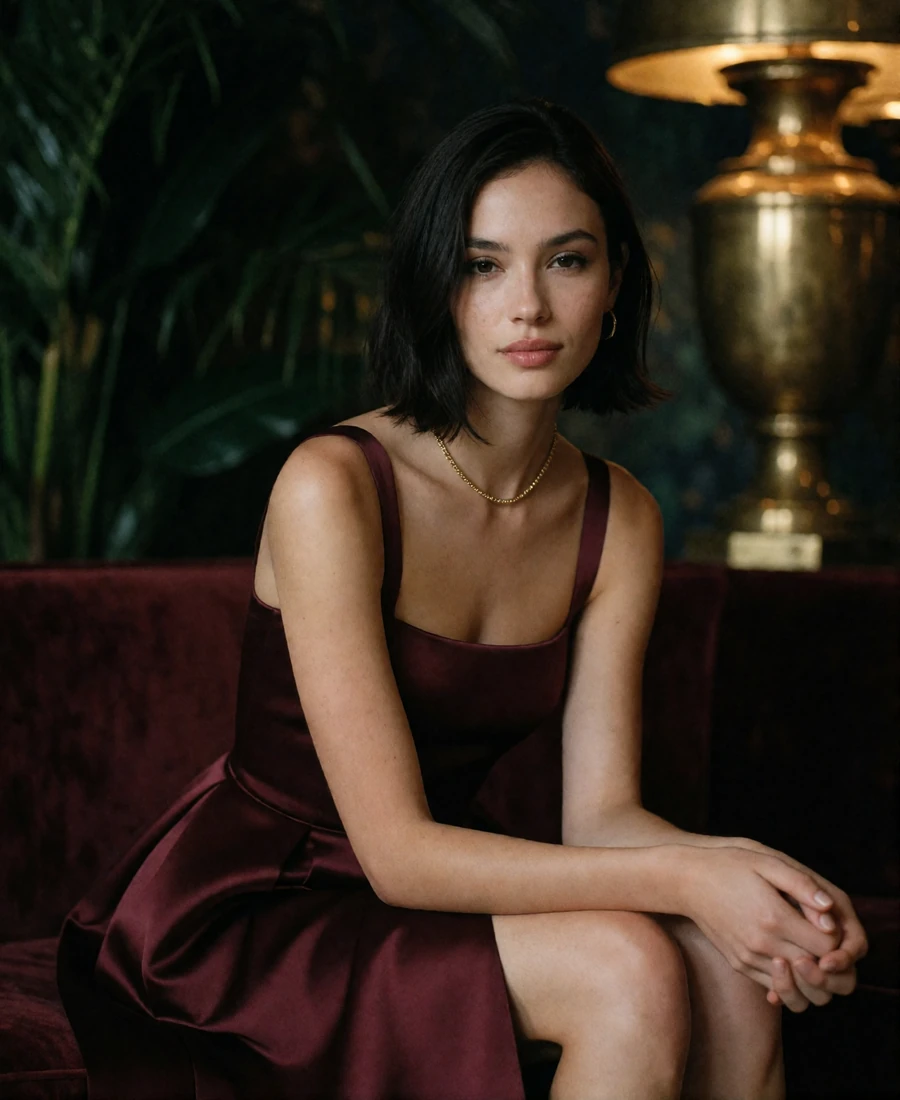 Woman in a burgundy satin dress seated on a velvet sofa in a dimly lit Miami cocktail lounge