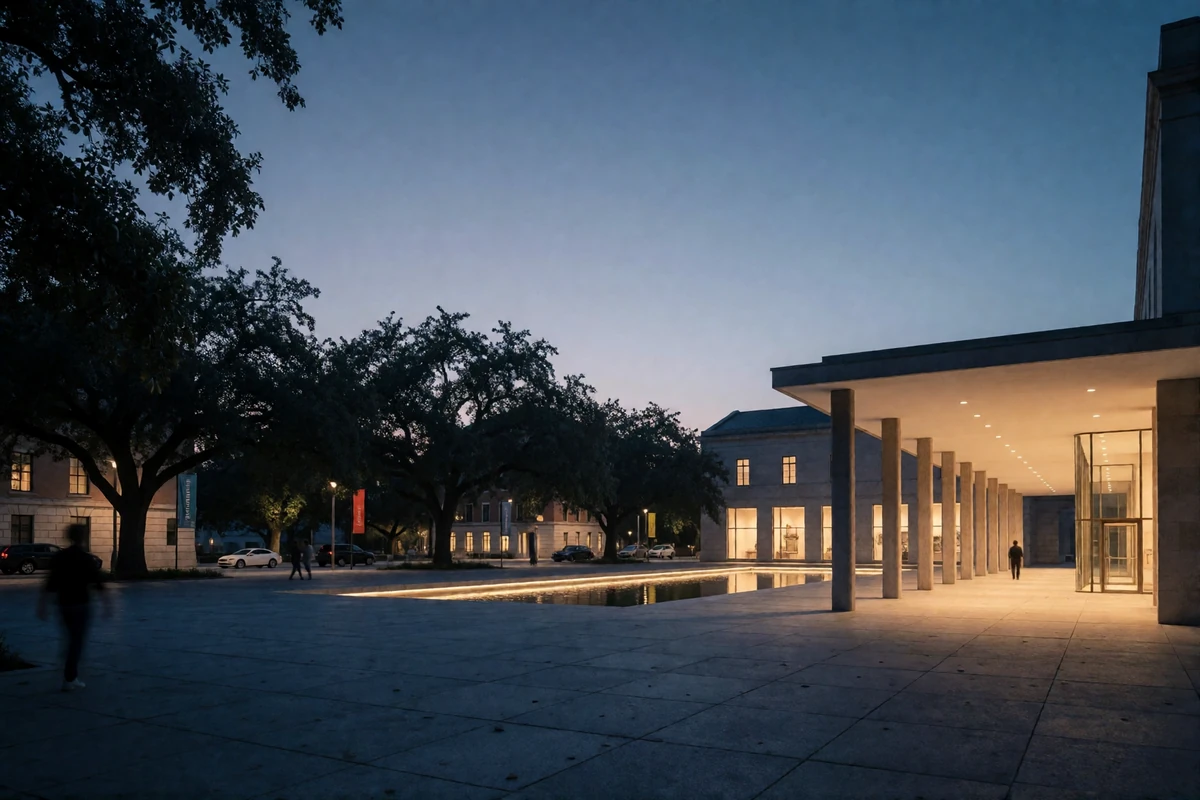 Museum District plaza at blue hour with a modernist portico glowing warmly against a twilight Houston sky