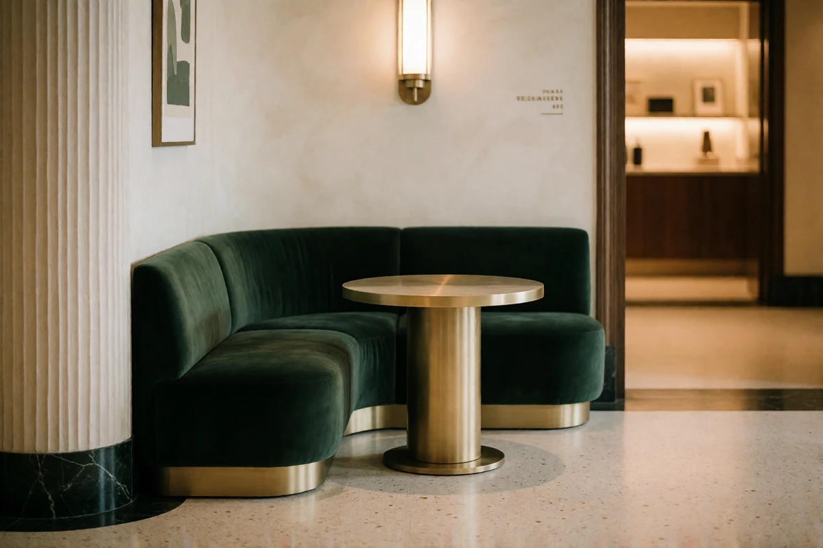 Art deco hotel lounge interior in Miami Beach with a curved green velvet sofa and brass table