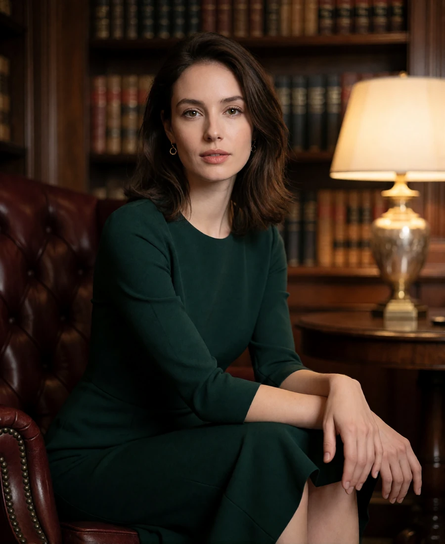 Graceful brunette woman in a forest-green midi dress seated in a leather armchair inside a heritage private club library