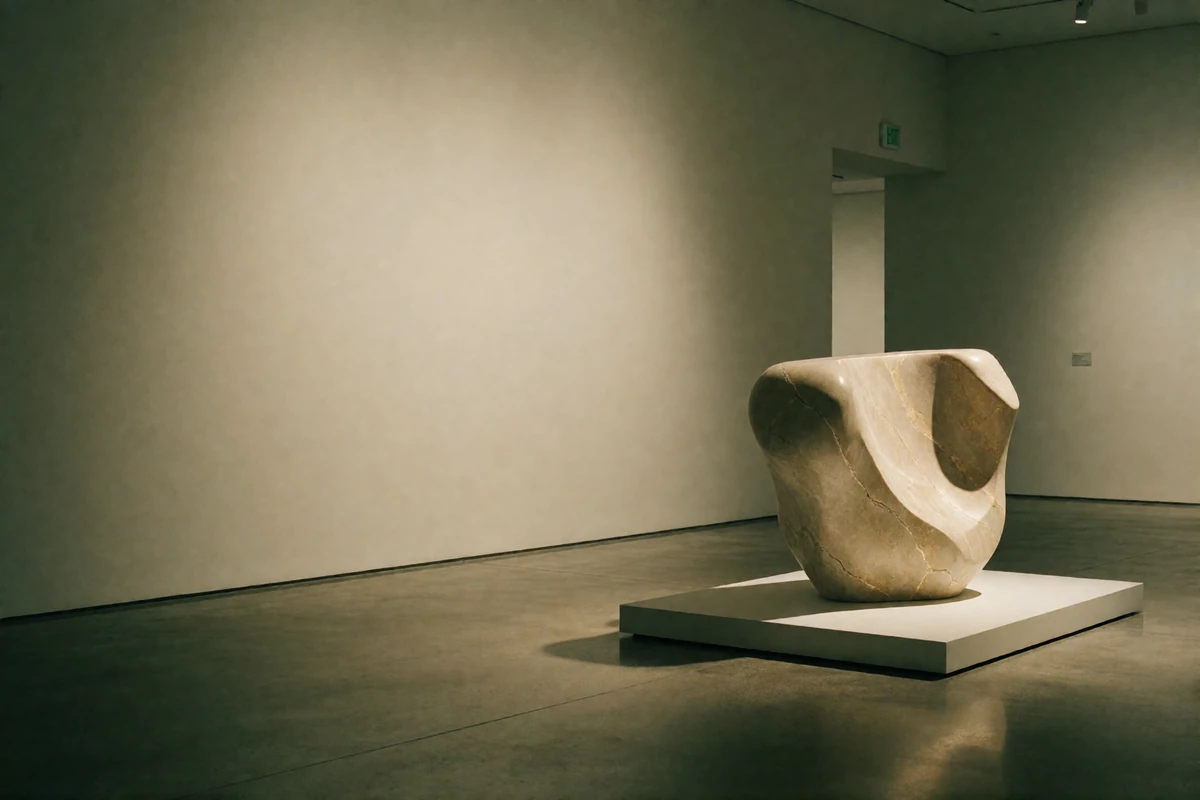 Refined contemporary gallery interior in San Diego with soft spotlighting and a sculptural stone form on a low plinth