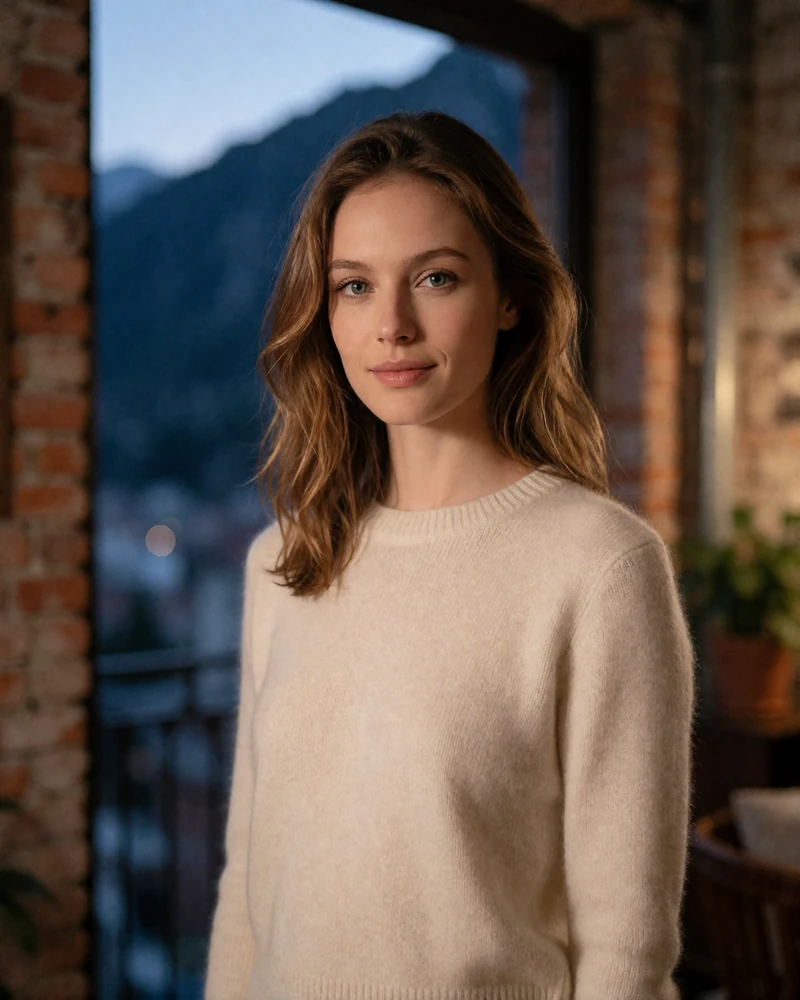 Elegant woman with softly waved light brown hair in a cream cashmere sweater on a warm loft balcony in Denver