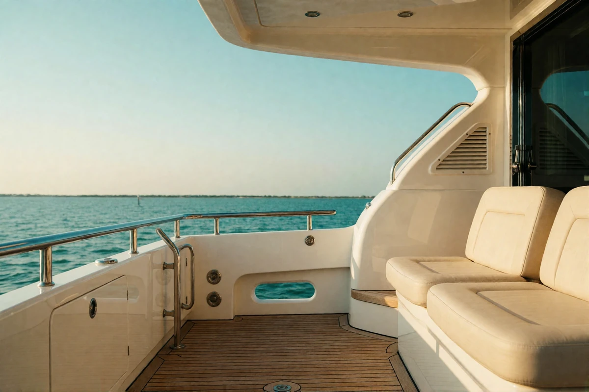 Open teak deck of a private motor yacht on the Gulf coast with cream cushioned seating