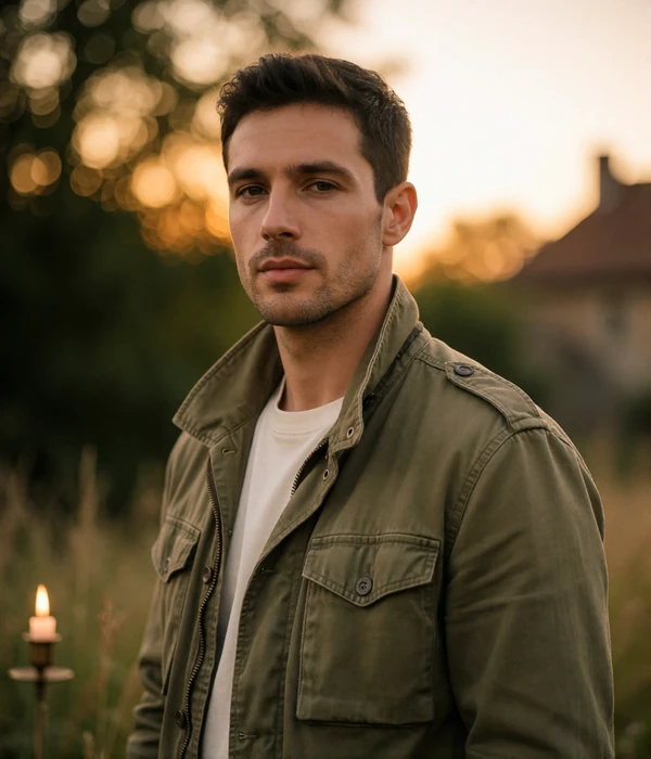 Man in his early thirties in an olive field jacket outdoors in warm evening light, an illustrative member portrait