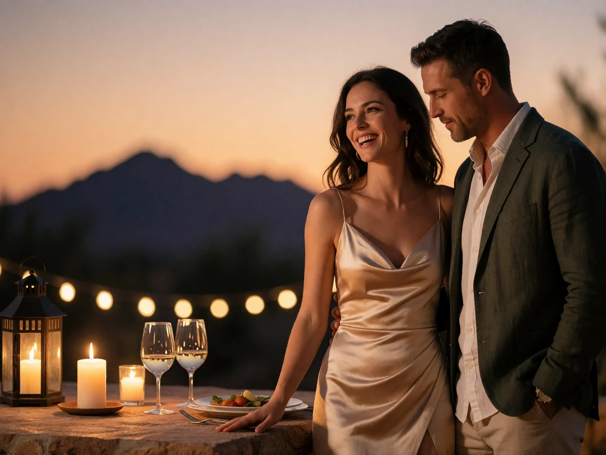 Well-dressed couple sharing a candlelit outdoor dinner at a desert resort near Phoenix at dusk