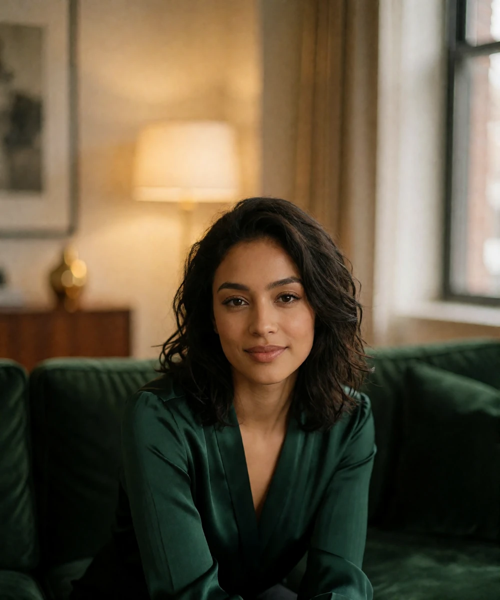 Woman with dark waved hair seated on a velvet sofa in a warm Houston apartment interior