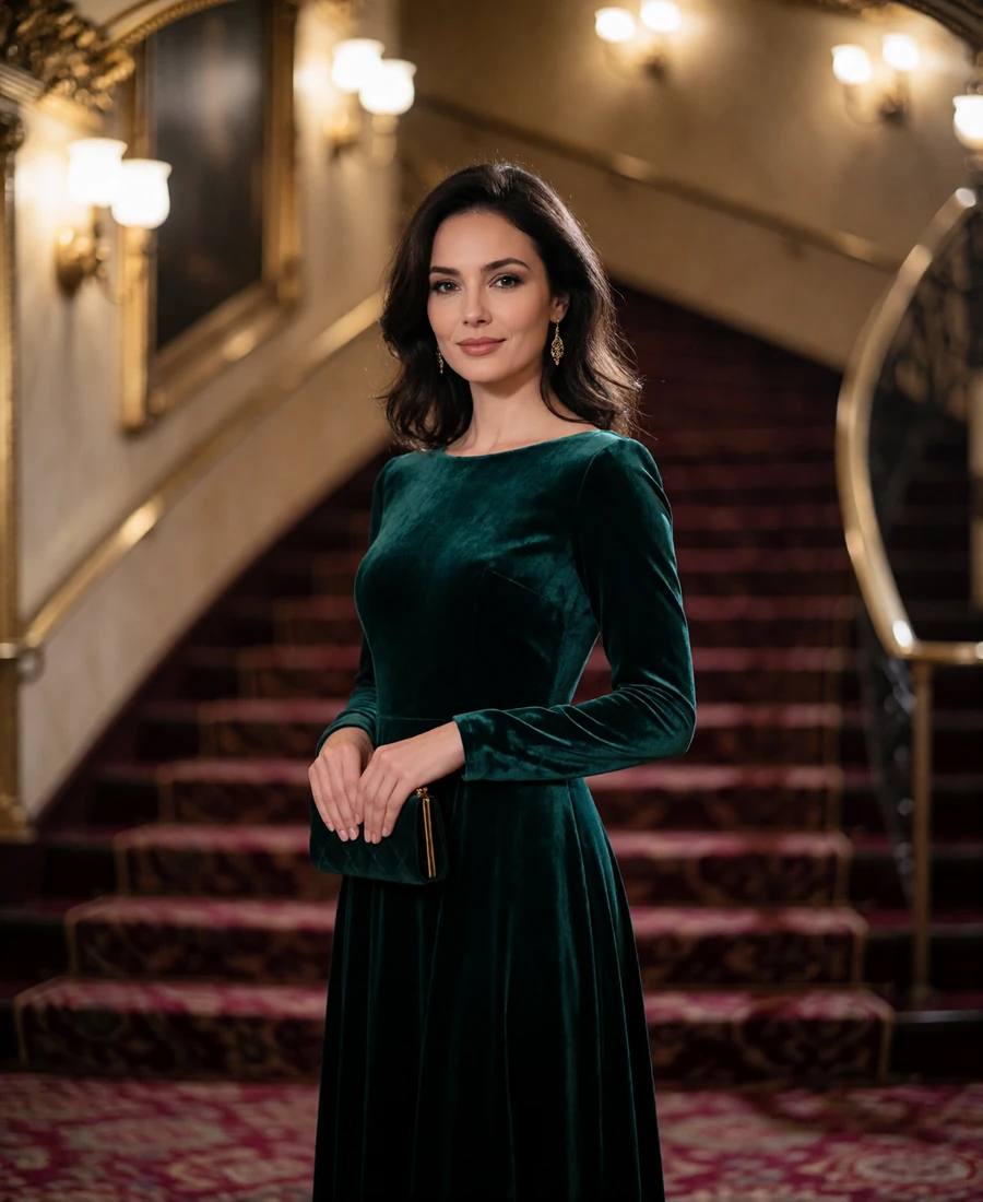 Dark-haired woman in an emerald velvet gown standing in the plush lobby of a heritage theatre