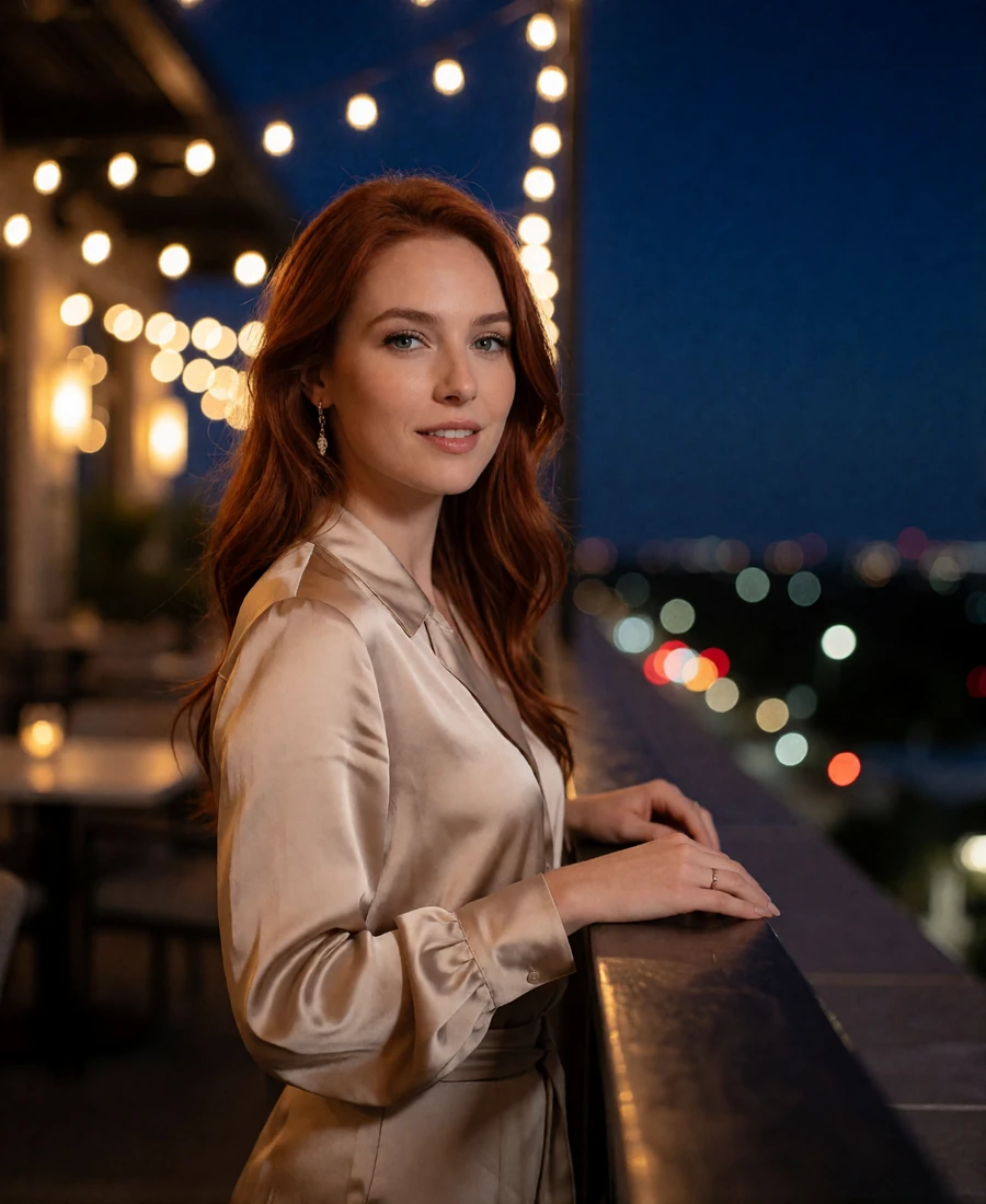 Woman in a champagne satin blouse standing at the rail of an upscale Orlando rooftop lounge at dusk
