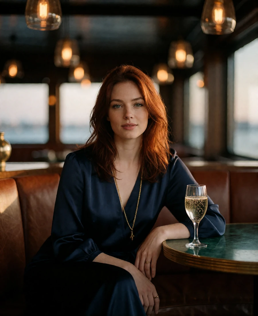 Auburn-haired woman seated on a leather banquette in an upscale Seaport waterfront lounge in the evening