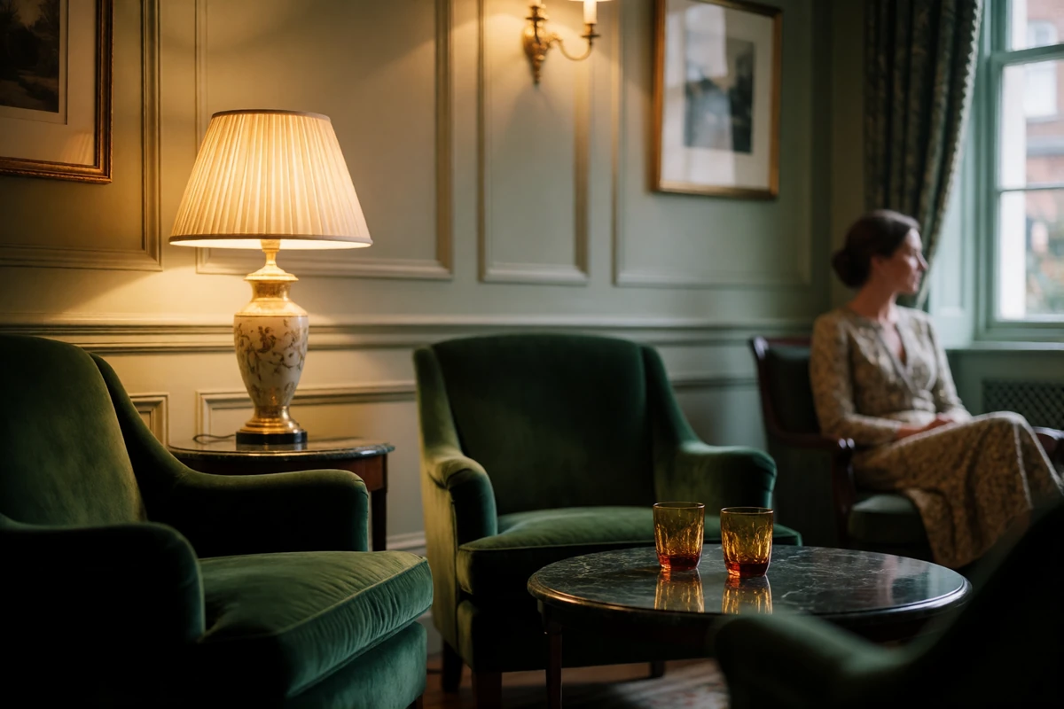 Quiet private members' lounge with deep green velvet armchairs and panelled walls in New York