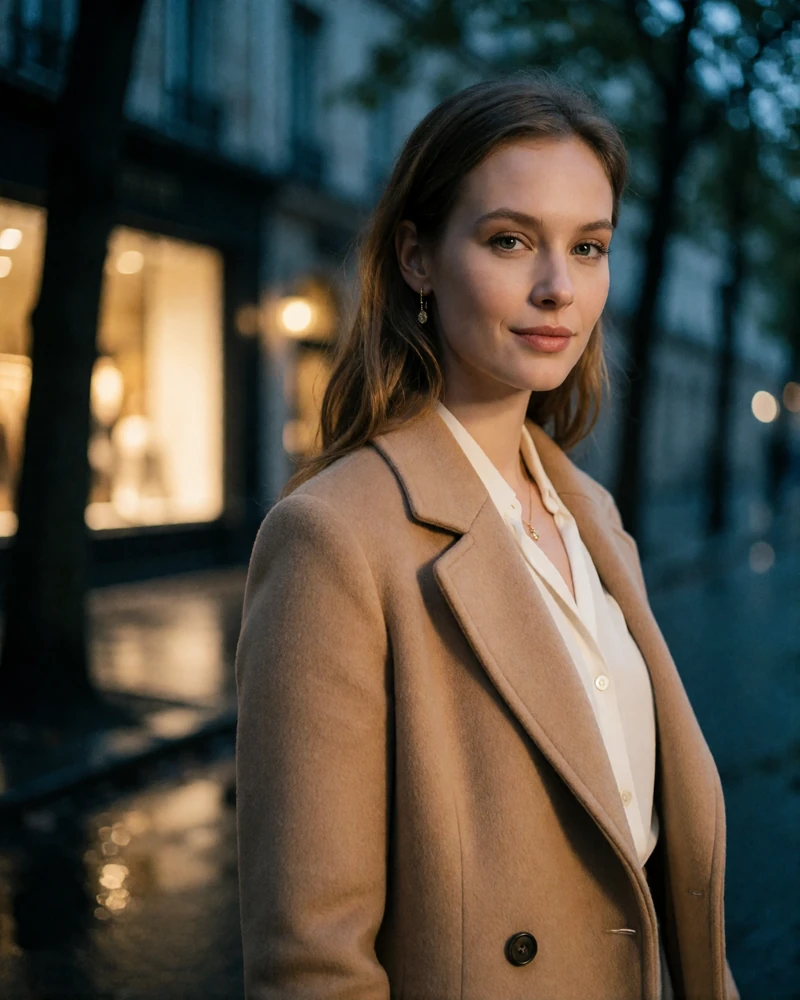 Woman in a camel wool coat standing on a quiet tree-lined Portland street in early evening light