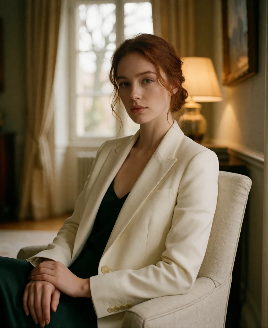 Woman in an ivory blazer seated in an elegant Highland Park residential interior
