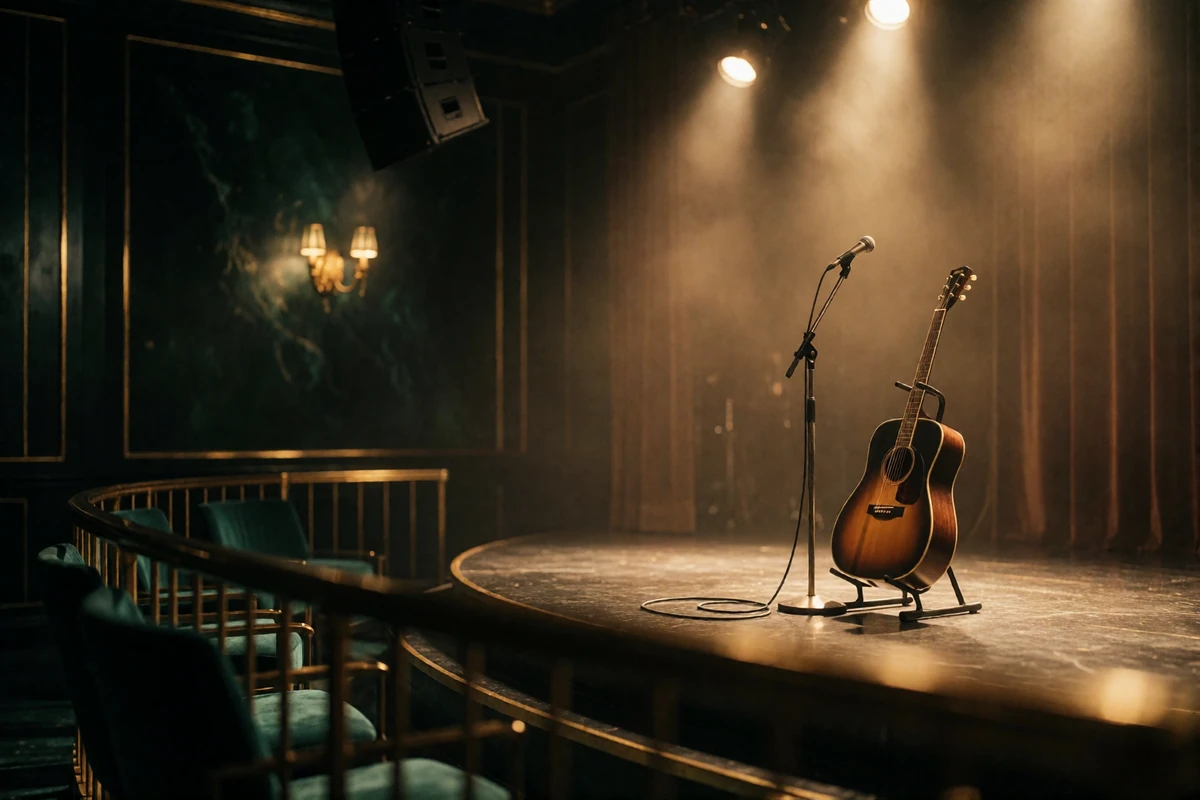 Warmly lit empty stage with an acoustic guitar and vintage microphone viewed from a private balcony seat in an upscale Nashville lounge