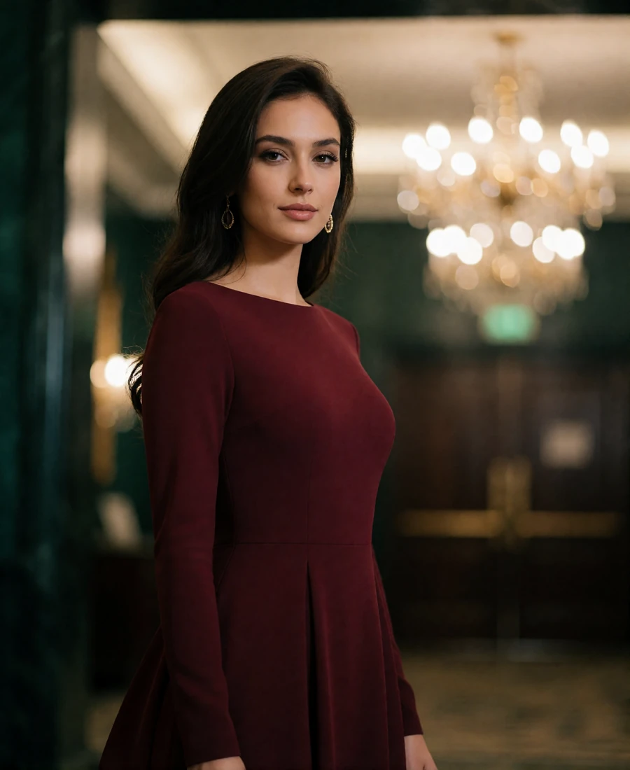 Elegant woman in a burgundy evening gown at the edge of a warmly lit hotel ballroom foyer in Houston