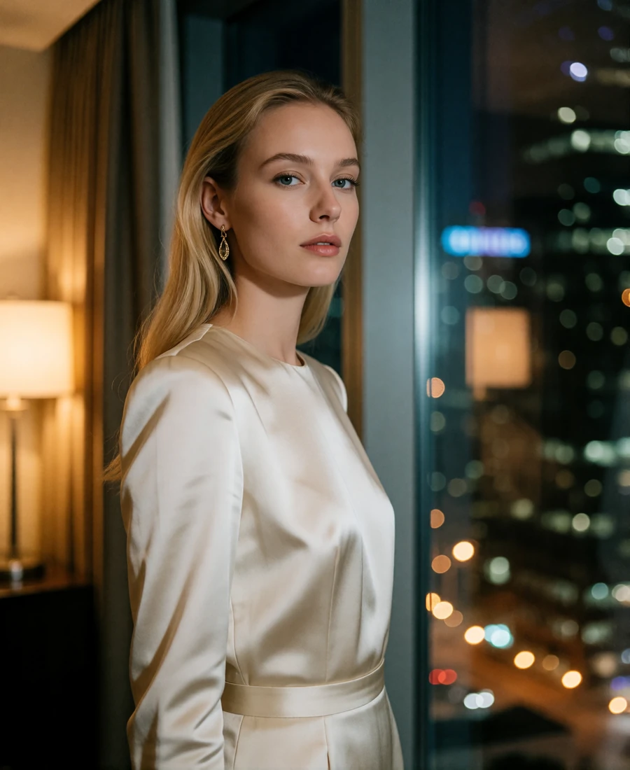 Blonde woman in an ivory satin blouse beside a high-rise window overlooking the Chicago skyline at night