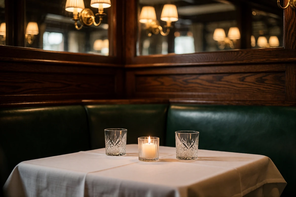 Corner of a classic Indianapolis chophouse dining room with white linen, crystal glasses and warm low lighting