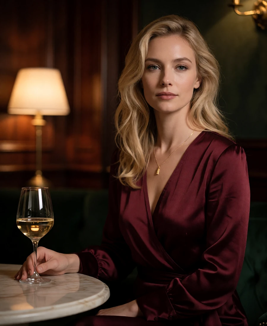 Blonde woman in a burgundy silk wrap dress seated at a marble table in a warm private wine room