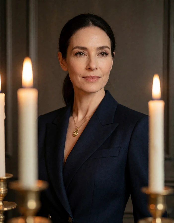 Accomplished woman in a tailored navy suit with a gold pendant, an illustrative verified profile on our toy boy dating site