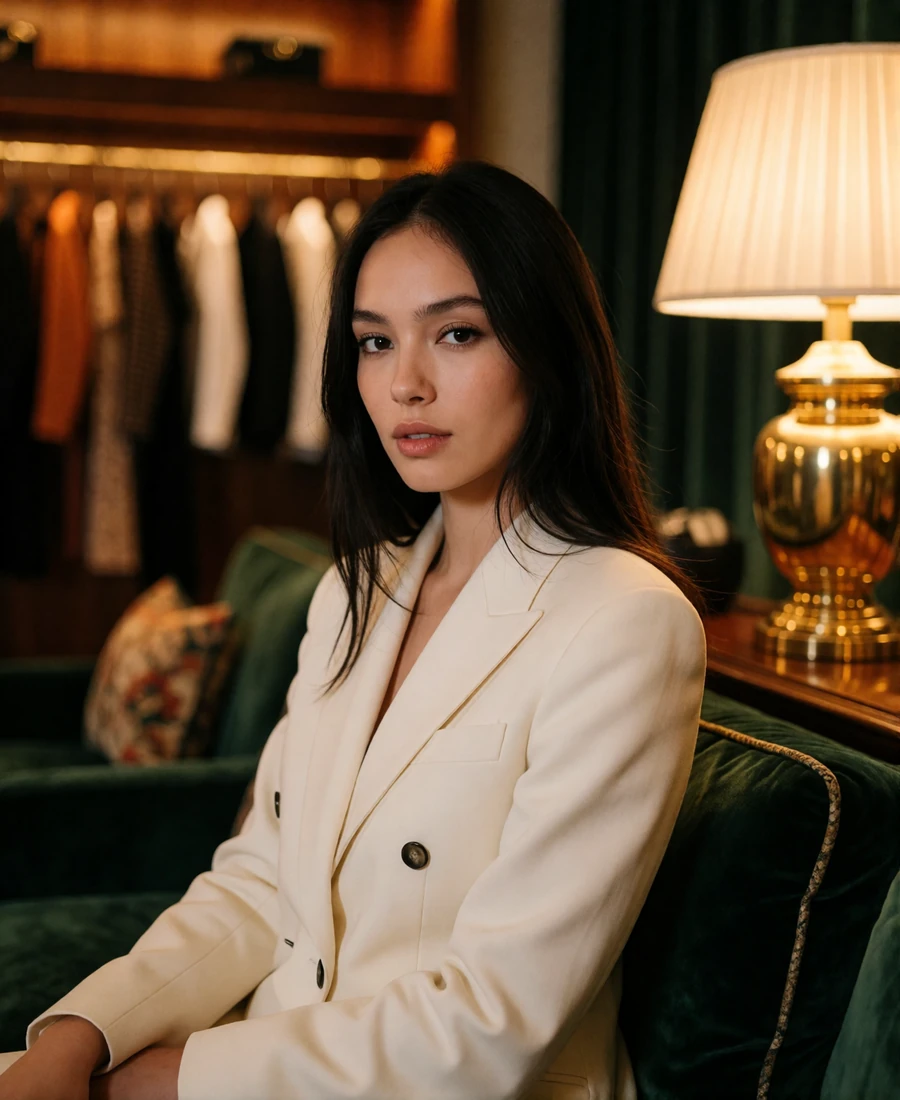 Poised young woman with dark straight hair in an ivory blazer seated in a boutique Dallas hotel lounge