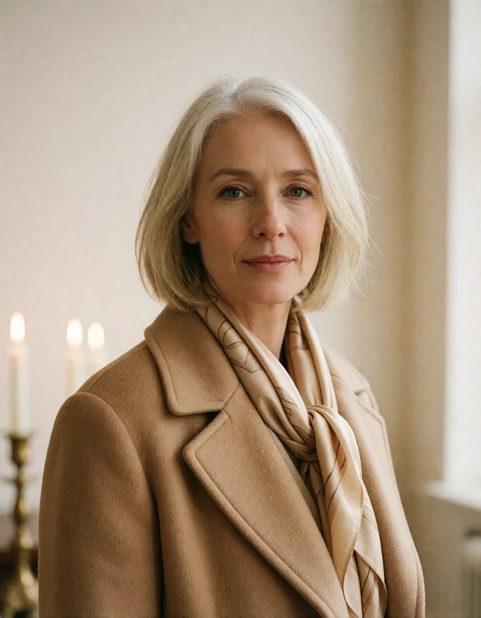 Woman with a silver-blonde bob wearing a camel travel coat, an illustrative member profile