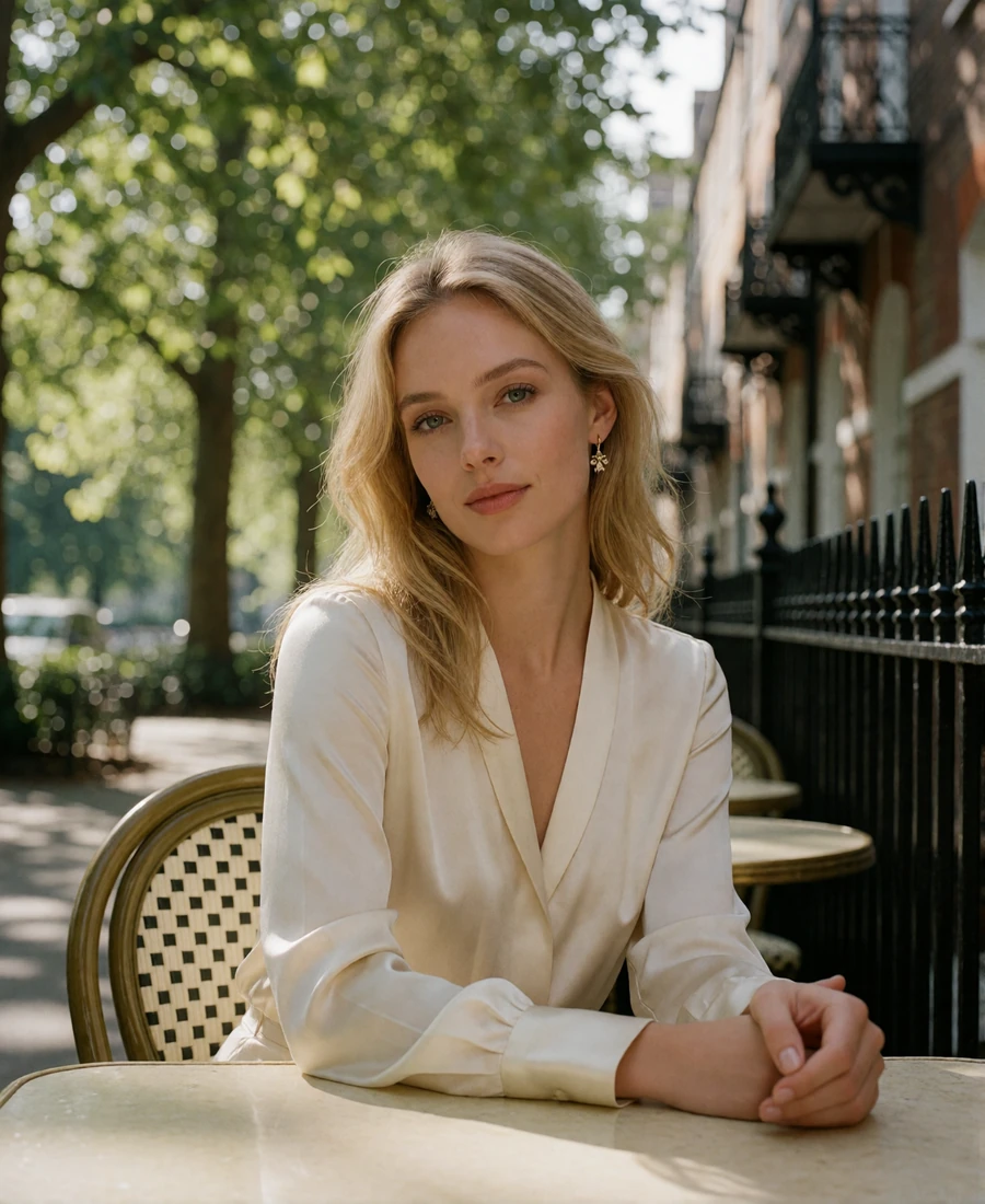 Poised blonde woman seated at an outdoor café table on a leafy Hyde Park street in Tampa