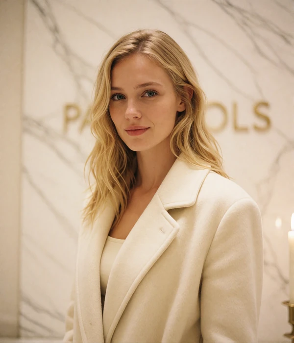 Blonde woman in an ivory wool wrap coat in a bright hotel foyer, an illustrative member portrait