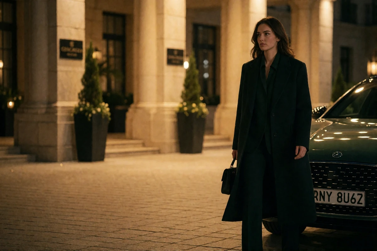 Elegantly dressed woman arriving at a lit hotel forecourt at evening in Houston