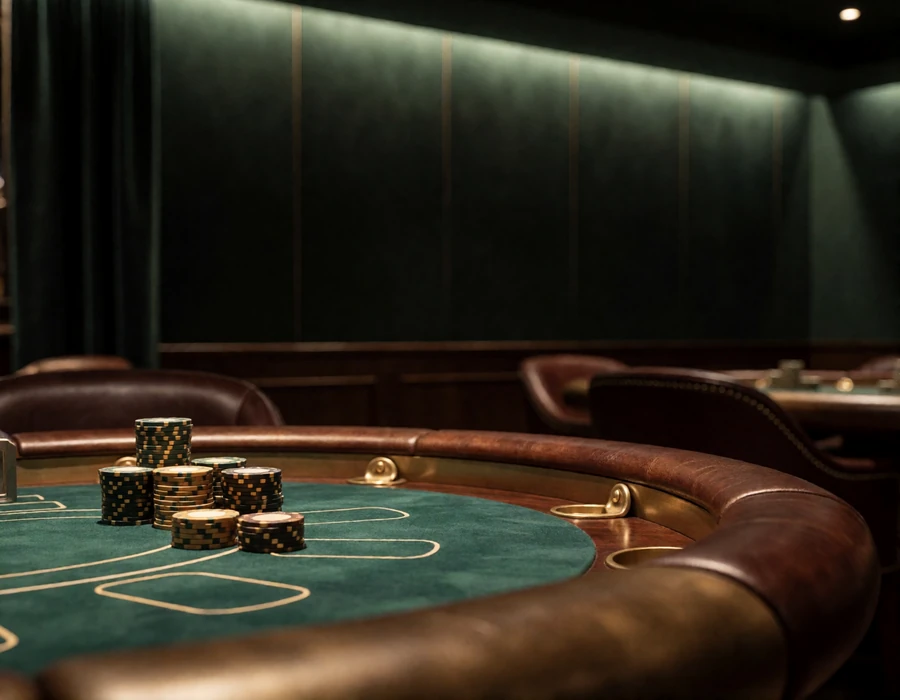 Quiet high-limit gaming salon at night with a curved felt table, stacked chips and dark panelled walls