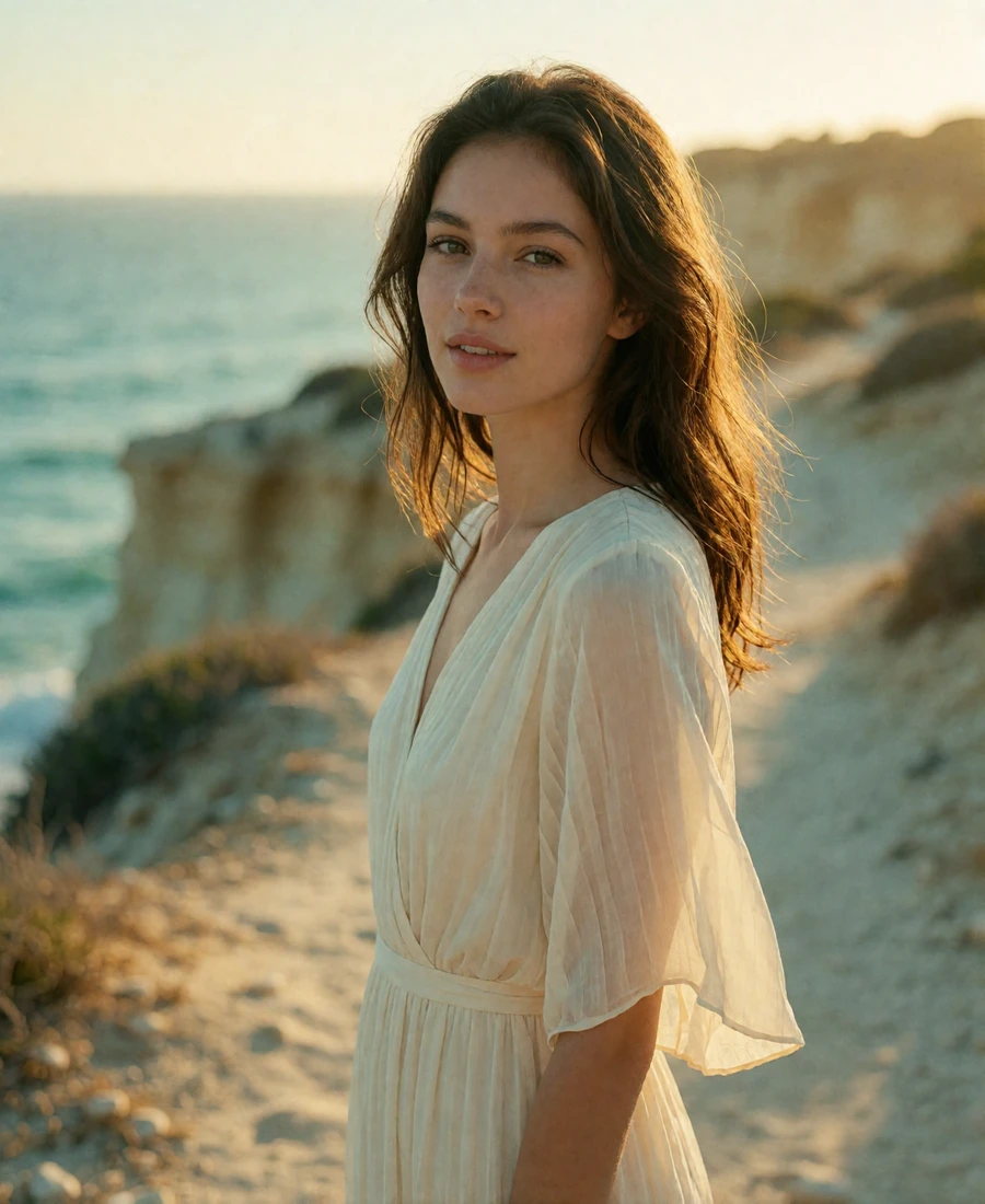 Woman in an ivory dress on a coastal cliff path for a sugar baby San Diego profile example