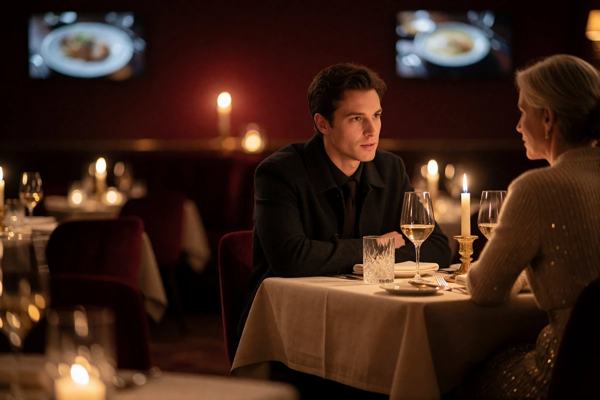 Young man in a dark jacket leaning forward in attentive candlelit conversation with an accomplished woman at a restaurant table