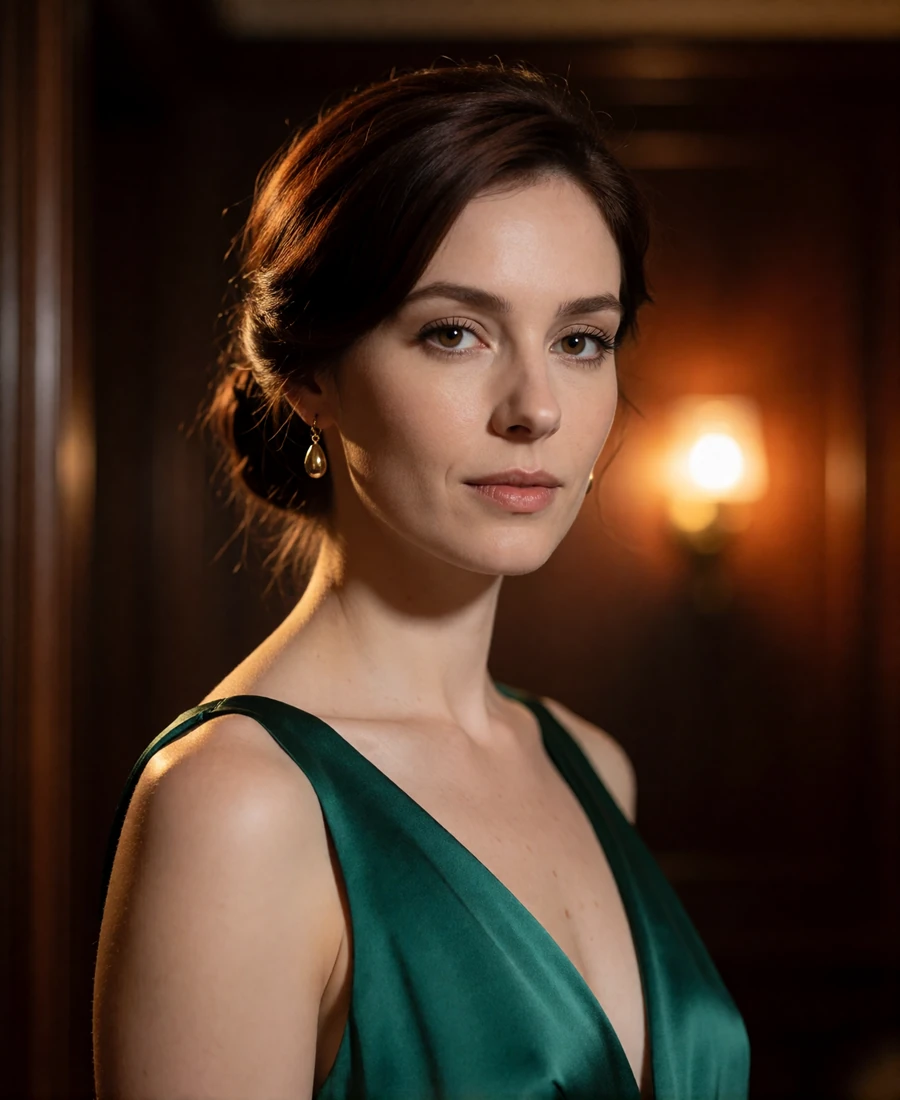 Woman in an emerald satin evening gown with a low chignon