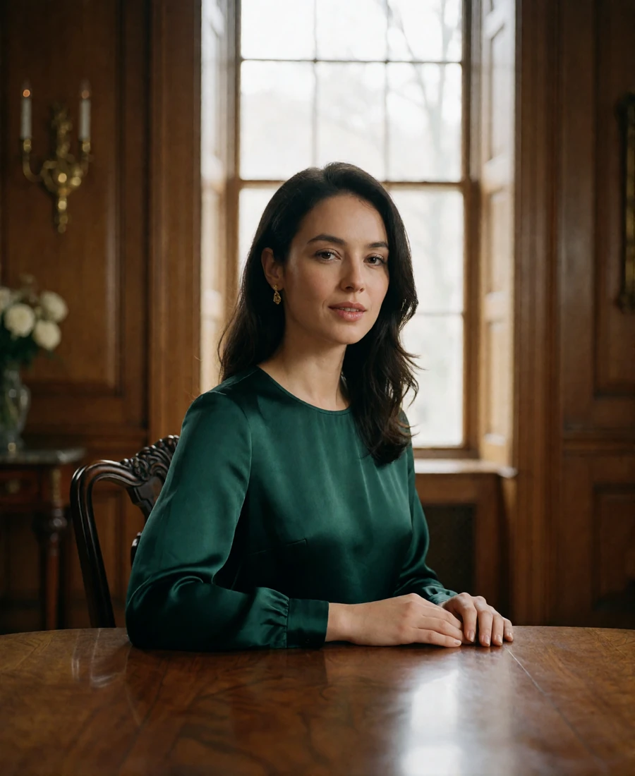 Elegant dark-haired woman seated at a polished walnut table inside a historic Boston townhouse dining room