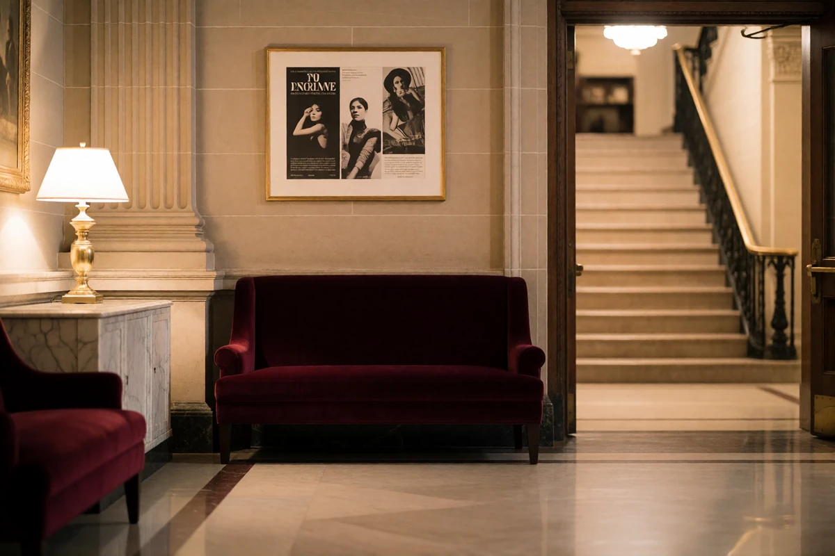 Seating corner of a historic Indianapolis performance-hall lobby with a velvet settee and marble console