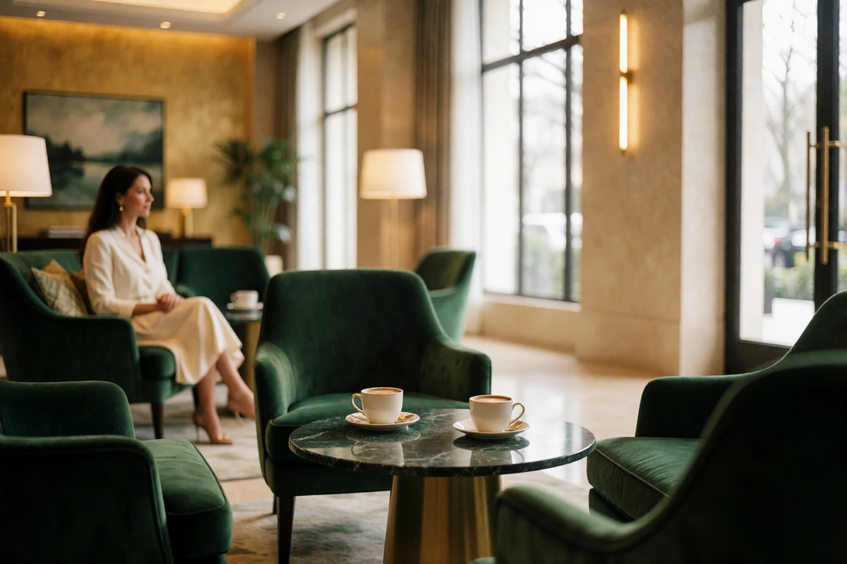 Bright hotel lobby lounge with deep green seating where a woman waits near a window in Houston