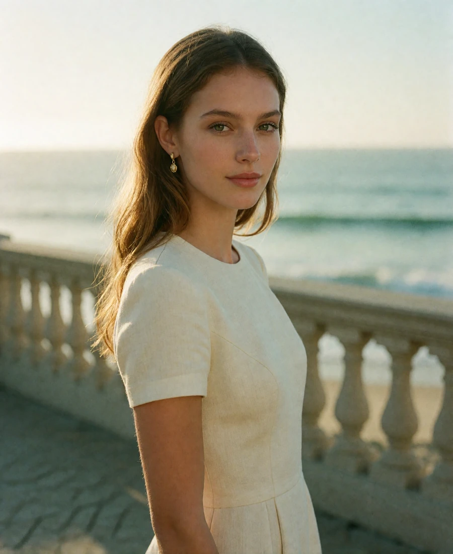 Woman with sun-lightened brown hair in an ivory linen dress standing on an oceanfront terrace in San Diego