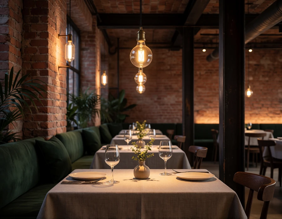 Warm loft-style restaurant interior in a converted Denver brick warehouse with a candlelit table set for two