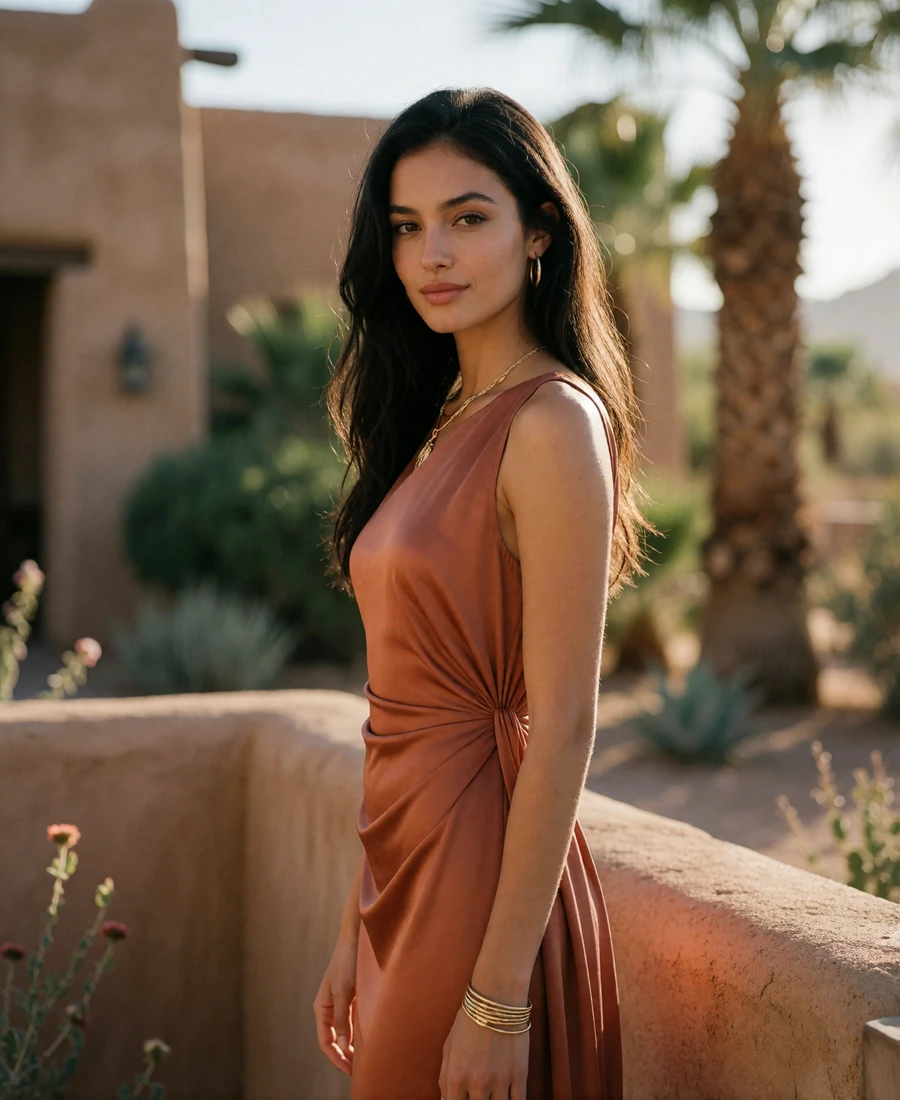 Elegant woman in a terracotta silk dress standing on a shaded desert resort terrace near Phoenix