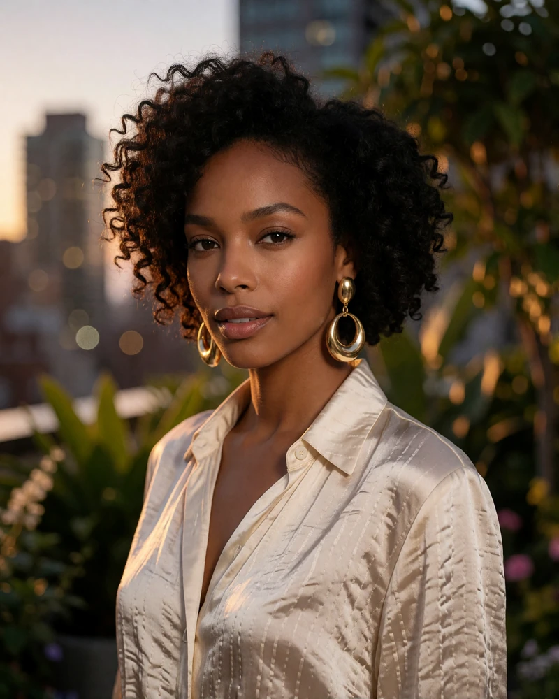 Poised woman with dark curls and gold earrings smiling on a warmly lit Atlanta rooftop terrace at dusk