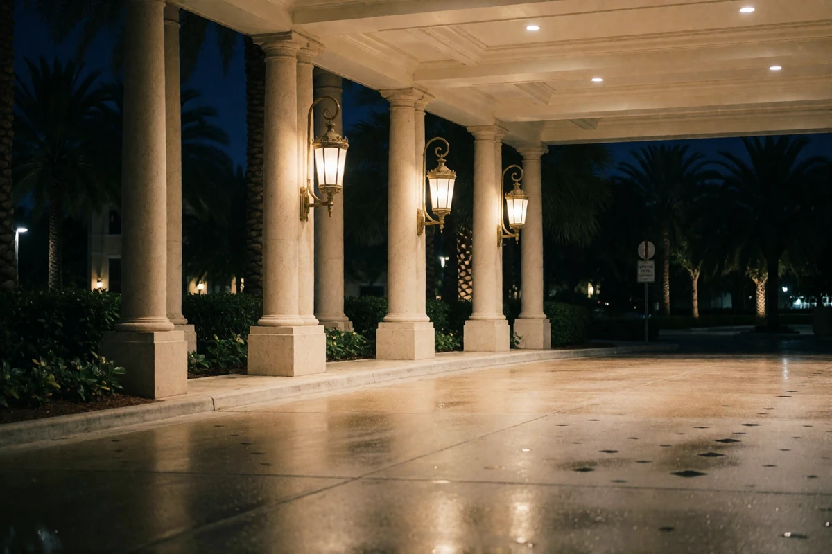 Covered arrival driveway of an upscale Orlando hotel lit with brass lanterns at night