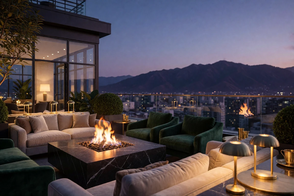 Upscale rooftop lounge at blue hour with a glowing fire table and distant mountain silhouettes