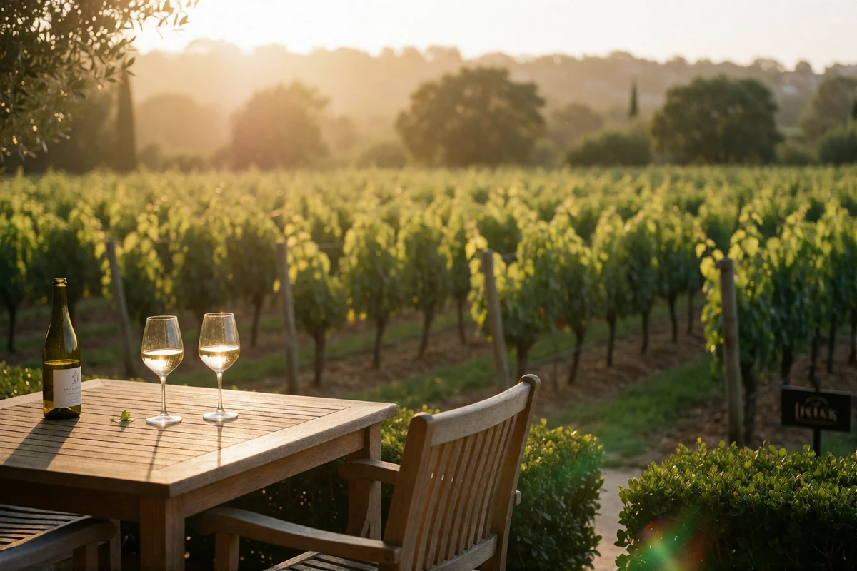 Wine estate terrace in late afternoon with vine rows receding into golden haze and two glasses of white wine