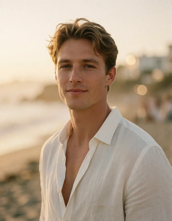 Man with tousled light brown hair in an open white linen shirt on a sunlit coastline, an illustrative member profile
