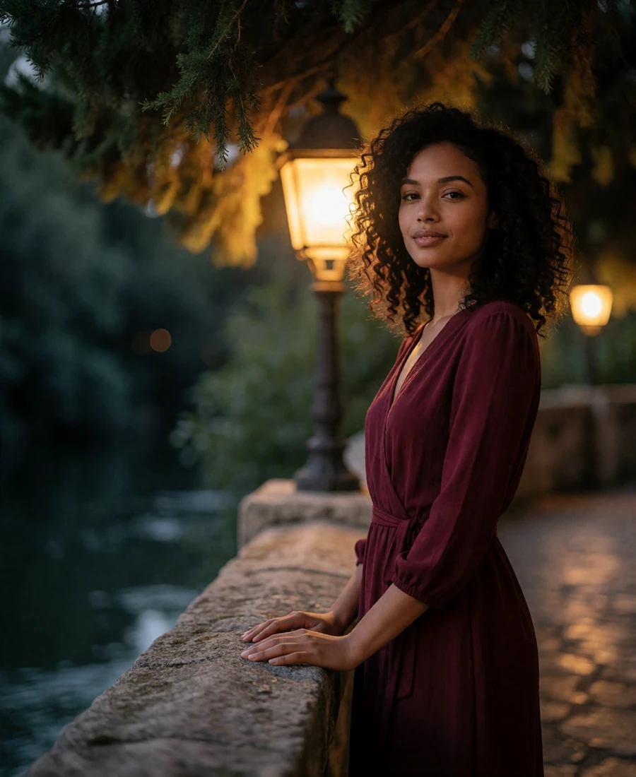 Woman in a burgundy wrap dress standing beside the lantern-lit San Antonio River Walk in the evening