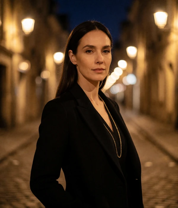 Composed woman in a black tailored evening coat on a lamplit street, an illustrative member portrait